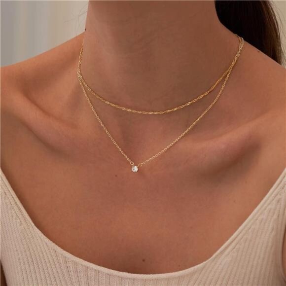 14K Gold Plated Cubic Zirconia Necklace | Dainty Layered Chain | Elegant - Picture 4 of 5